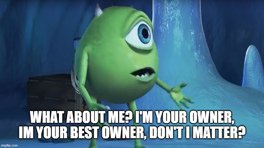What About me Monsters Inc. | WHAT ABOUT ME? I'M YOUR OWNER, IM YOUR BEST OWNER, DON'T I MATTER? | image tagged in what about me monsters inc | made w/ Imgflip meme maker