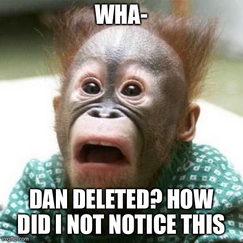 Shocked Monkey | WHA-; DAN DELETED? HOW DID I NOT NOTICE THIS | image tagged in shocked monkey | made w/ Imgflip meme maker