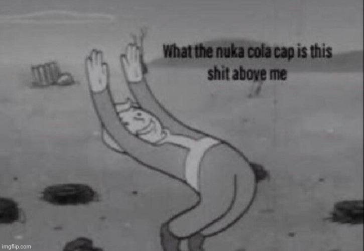 fallout what in the nuka cola cap is this above me | image tagged in fallout what in the nuka cola cap is this above me | made w/ Imgflip meme maker