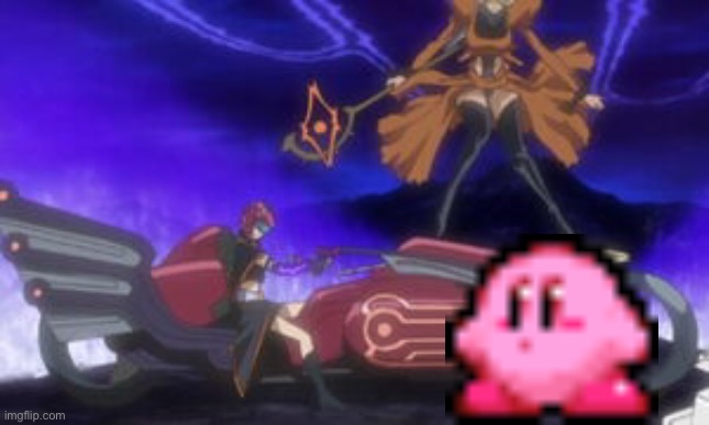 Dark Signer Carly on her Duel Runner & Kirby alongside her. | image tagged in yugioh 5ds,carly carmine,dark signer,duel runner,kirby,fun images | made w/ Imgflip meme maker