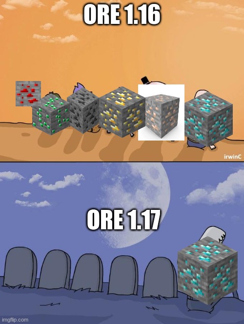 Before you complain about there being no lapiz, there where no more tombstones | ORE 1.16; ORE 1.17 | image tagged in skips sitting next to graves,memes,fun | made w/ Imgflip meme maker