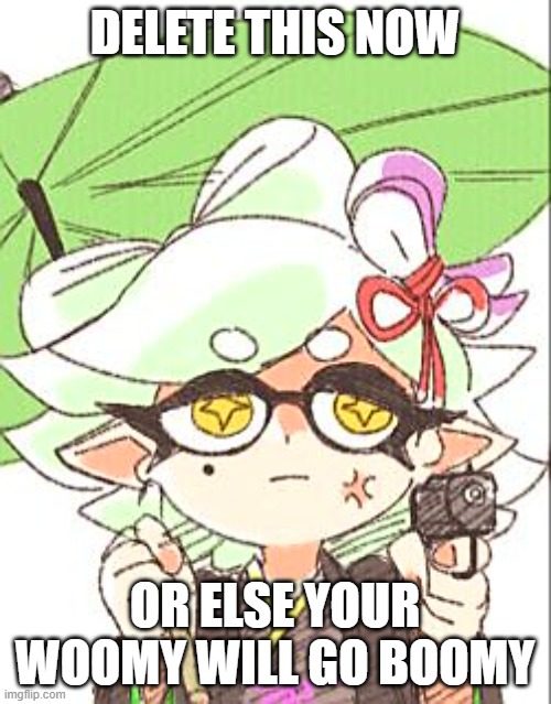 Marie with a gun | DELETE THIS NOW OR ELSE YOUR WOOMY WILL GO BOOMY | image tagged in marie with a gun | made w/ Imgflip meme maker