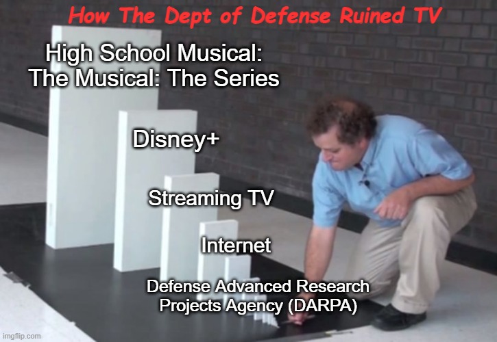 How the Dept of Defense Ruined TV | How The Dept of Defense Ruined TV; High School Musical: The Musical: The Series; Disney+; Streaming TV; Internet; Defense Advanced Research Projects Agency (DARPA) | image tagged in domino effect,internet,defense,high school,musical,streaming | made w/ Imgflip meme maker