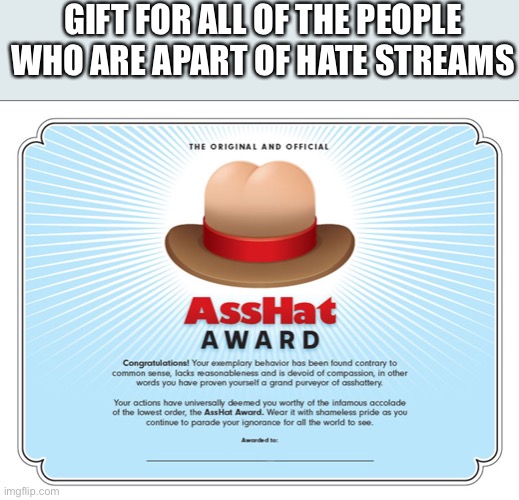 The Original Official Asshat Award | GIFT FOR ALL OF THE PEOPLE WHO ARE APART OF HATE STREAMS | image tagged in the original official asshat award | made w/ Imgflip meme maker