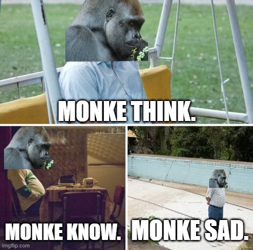 Sad Pablo Escobar | MONKE THINK. MONKE KNOW. MONKE SAD. | image tagged in memes,sad pablo escobar | made w/ Imgflip meme maker