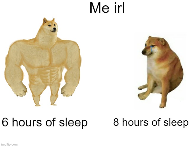 Sleep | Me irl; 6 hours of sleep; 8 hours of sleep | image tagged in memes,buff doge vs cheems | made w/ Imgflip meme maker