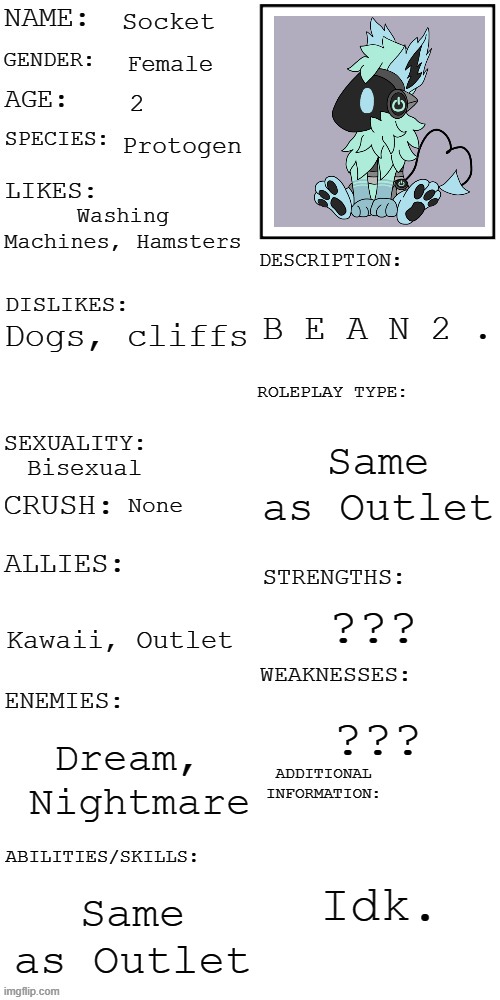 (Updated) Roleplay OC showcase | Socket Female 2 Protogen Washing Machines, Hamsters Dogs, cliffs Bisexual None Kawaii, Outlet Dream,  Nightmare Same as Outlet B E A N 2 . S | image tagged in updated roleplay oc showcase | made w/ Imgflip meme maker