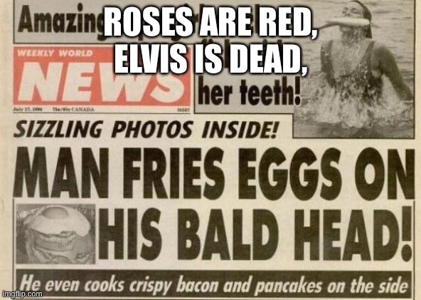 He even cooks crispy bacon and pancakes on the side. | ROSES ARE RED,
ELVIS IS DEAD, | image tagged in idiots,headlines | made w/ Imgflip meme maker