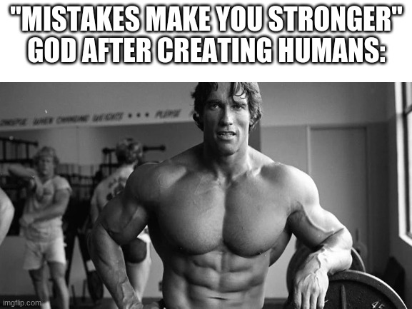 "MISTAKES MAKE YOU STRONGER"
GOD AFTER CREATING HUMANS: | image tagged in memes,funny,arnold schwarzenegger | made w/ Imgflip meme maker