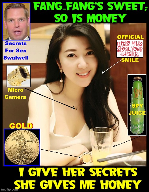 China's Men are manly; Women, feminine. No gender fluidity here | FANG-FANG'S SWEET;
SO IS MONEY; I GIVE HER SECRETS
SHE GIVES ME HONEY | image tagged in vince vance,eric swalwell,chinese spy,fang,memes,espionage | made w/ Imgflip meme maker