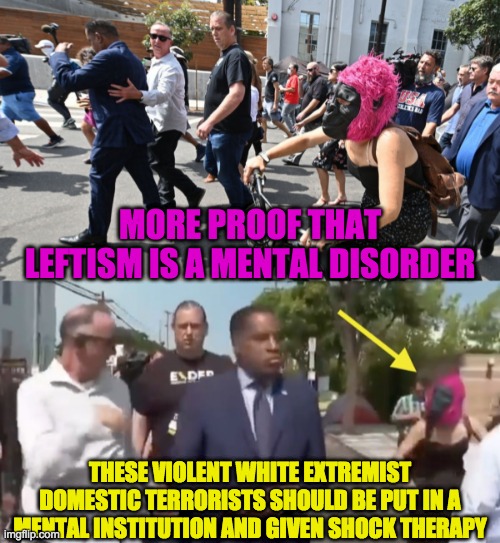 Leftist in a Monkey Mask lets loose her true Domestic Terrorist Self on a Republican | MORE PROOF THAT LEFTISM IS A MENTAL DISORDER; THESE VIOLENT WHITE EXTREMIST DOMESTIC TERRORISTS SHOULD BE PUT IN A MENTAL INSTITUTION AND GIVEN SHOCK THERAPY | image tagged in leftard,white women domestic terrorist | made w/ Imgflip meme maker