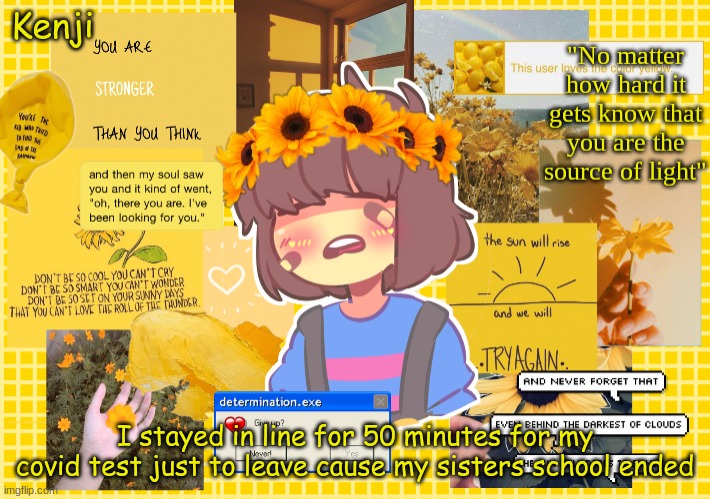 so now i cant go to school tomorrow | I stayed in line for 50 minutes for my covid test just to leave cause my sisters school ended | image tagged in frisk | made w/ Imgflip meme maker