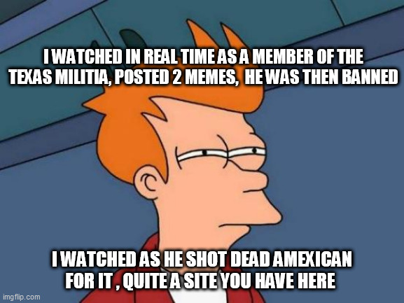 Futurama Fry Meme | I WATCHED IN REAL TIME AS A MEMBER OF THE TEXAS MILITIA, POSTED 2 MEMES,  HE WAS THEN BANNED; I WATCHED AS HE SHOT DEAD AMEXICAN FOR IT , QUITE A SITE YOU HAVE HERE | image tagged in memes,futurama fry | made w/ Imgflip meme maker