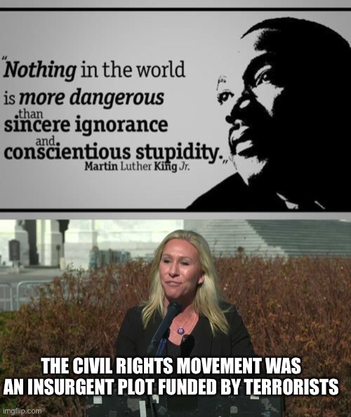 When republicans think this woman is an idiot you know things are messed up | THE CIVIL RIGHTS MOVEMENT WAS AN INSURGENT PLOT FUNDED BY TERRORISTS | image tagged in marjorie taylor green,martin luther king jr,trump supporters,lunatic | made w/ Imgflip meme maker