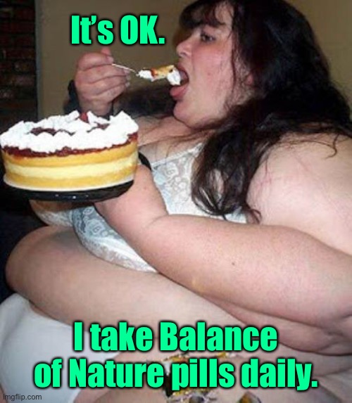 Healthy choice! | It’s OK. I take Balance of Nature pills daily. | image tagged in fat woman with cake,balance of nature,funny memes | made w/ Imgflip meme maker