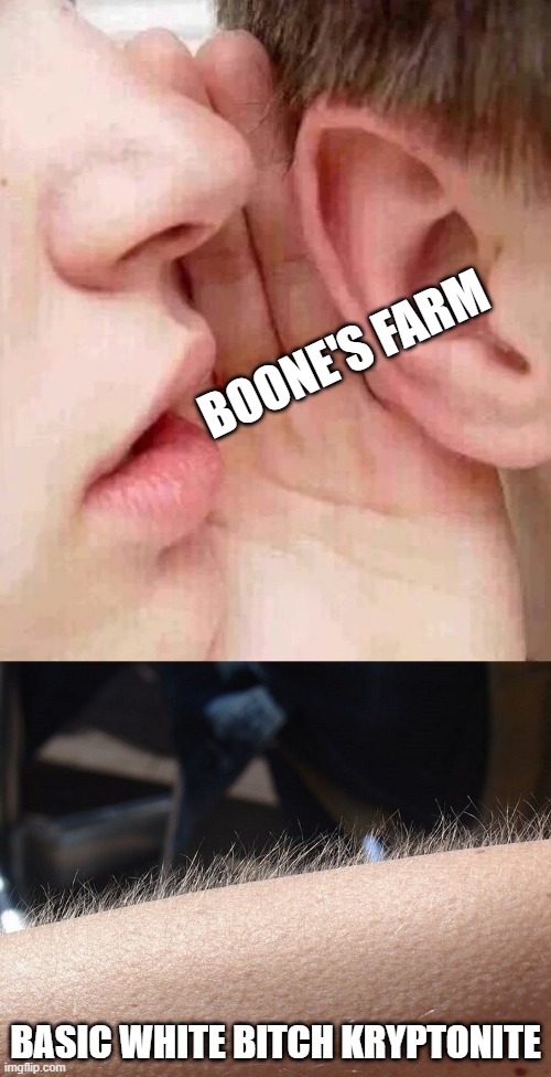 The Weakness | BOONE'S FARM; BASIC WHITE BITCH KRYPTONITE | image tagged in whisper in ear goosebumps | made w/ Imgflip meme maker