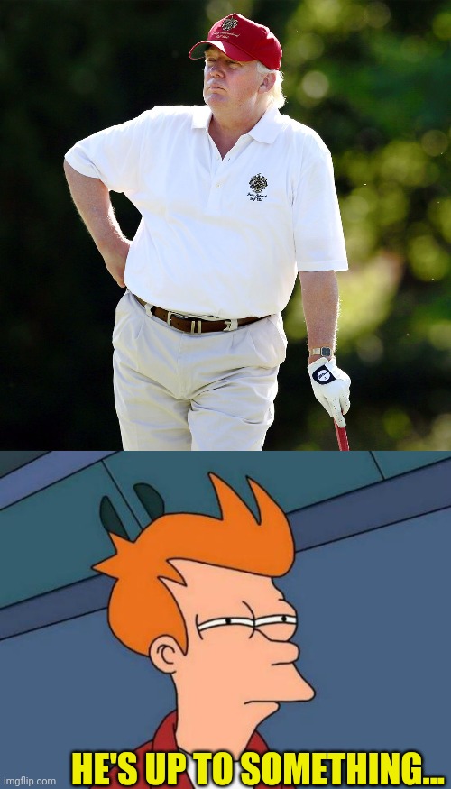 HE'S UP TO SOMETHING... | image tagged in trump golf relax,memes,futurama fry | made w/ Imgflip meme maker