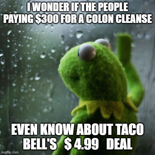 sometimes I wonder  | I WONDER IF THE PEOPLE PAYING $300 FOR A COLON CLEANSE; EVEN KNOW ABOUT TACO BELL'S   $ 4.99   DEAL | image tagged in sometimes i wonder | made w/ Imgflip meme maker