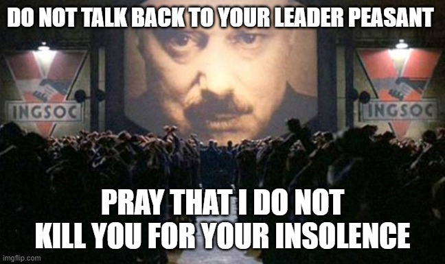 Big brother  | DO NOT TALK BACK TO YOUR LEADER PEASANT PRAY THAT I DO NOT KILL YOU FOR YOUR INSOLENCE | image tagged in big brother | made w/ Imgflip meme maker