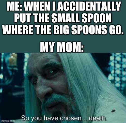 So you have chosen death | ME: WHEN I ACCIDENTALLY PUT THE SMALL SPOON WHERE THE BIG SPOONS GO. MY MOM: | image tagged in so you have chosen death,squidward can't sleep with the spoons rattling,moms,be like | made w/ Imgflip meme maker