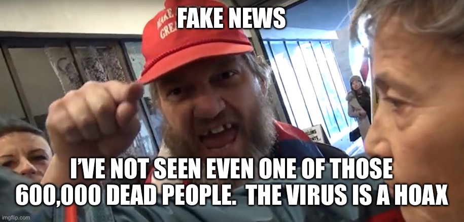 Angry Trumper | FAKE NEWS I’VE NOT SEEN EVEN ONE OF THOSE 600,000 DEAD PEOPLE.  THE VIRUS IS A HOAX | image tagged in angry trumper | made w/ Imgflip meme maker