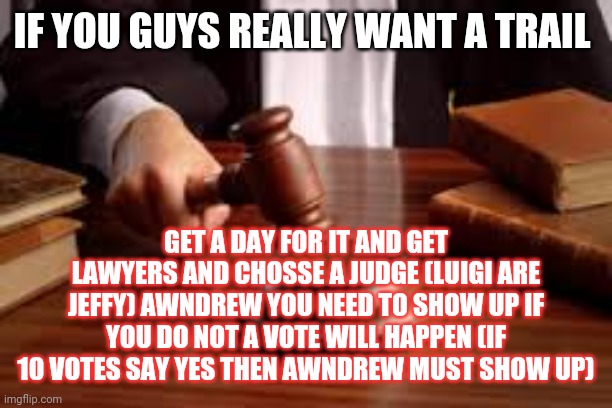 More info in the comments | IF YOU GUYS REALLY WANT A TRAIL; GET A DAY FOR IT AND GET LAWYERS AND CHOSSE A JUDGE (LUIGI ARE JEFFY) AWNDREW YOU NEED TO SHOW UP IF YOU DO NOT A VOTE WILL HAPPEN (IF 10 VOTES SAY YES THEN AWNDREW MUST SHOW UP) | image tagged in court room | made w/ Imgflip meme maker