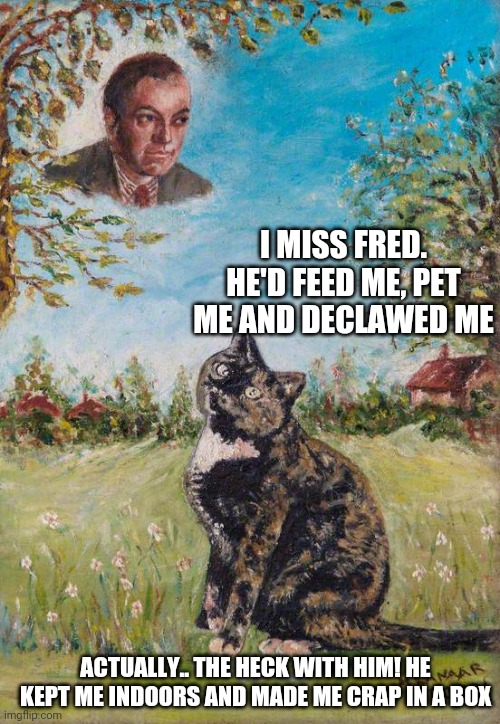 Cat is sad | I MISS FRED. HE'D FEED ME, PET ME AND DECLAWED ME; ACTUALLY.. THE HECK WITH HIM! HE KEPT ME INDOORS AND MADE ME CRAP IN A BOX | image tagged in cats,funny memes | made w/ Imgflip meme maker