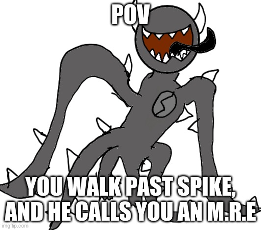 Spike | POV; YOU WALK PAST SPIKE, AND HE CALLS YOU AN M.R.E | image tagged in spike | made w/ Imgflip meme maker