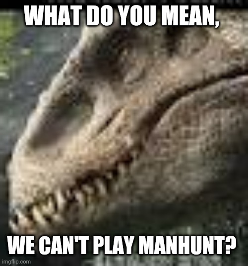indominus rex | WHAT DO YOU MEAN, WE CAN'T PLAY MANHUNT? | image tagged in indominus rex | made w/ Imgflip meme maker