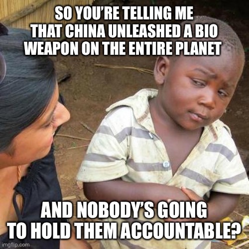 The Chinese Government are trying to kill us | SO YOU’RE TELLING ME THAT CHINA UNLEASHED A BIO WEAPON ON THE ENTIRE PLANET; AND NOBODY’S GOING TO HOLD THEM ACCOUNTABLE? | image tagged in memes,third world skeptical kid,china,bio weapon,covid-19 | made w/ Imgflip meme maker