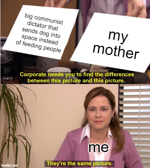 I know that our mothers take care of us and all. But for some people this is true, like parents who don't even care about their | big communist dictator that sends dog into space instead of feeding people; my mother; me | image tagged in memes,they're the same picture | made w/ Imgflip meme maker