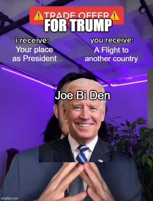 Bi Den becomes president of USA | FOR TRUMP; Your place as President; A Flight to another country; Joe Bi Den | image tagged in trade offer | made w/ Imgflip meme maker