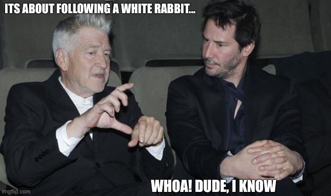 David Lynch and Keanu | ITS ABOUT FOLLOWING A WHITE RABBIT... WHOA! DUDE, I KNOW | image tagged in memes,david lynch,keanu reeves,white rabbit,matrix,whoa | made w/ Imgflip meme maker