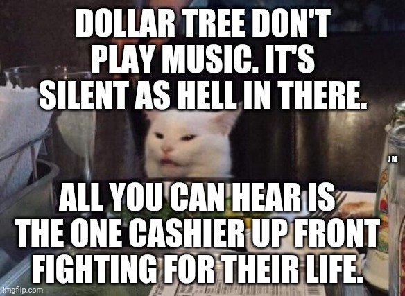 Salad cat | DOLLAR TREE DON'T PLAY MUSIC. IT'S SILENT AS HELL IN THERE. ALL YOU CAN HEAR IS THE ONE CASHIER UP FRONT FIGHTING FOR THEIR LIFE. J M | image tagged in salad cat | made w/ Imgflip meme maker