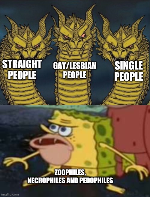 If those people exist,imma put them in misery | STRAIGHT PEOPLE; SINGLE PEOPLE; GAY/LESBIAN PEOPLE; ZOOPHILES, NECROPHILES AND PEDOPHILES | image tagged in headed dragons but scary,memes,spongegar | made w/ Imgflip meme maker