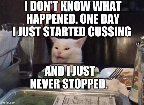 Salad cat | I DON'T KNOW WHAT HAPPENED. ONE DAY I JUST STARTED CUSSING; J M; AND I JUST NEVER STOPPED. | image tagged in salad cat | made w/ Imgflip meme maker
