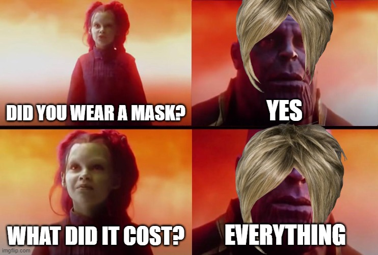 Karens be like | DID YOU WEAR A MASK? YES; WHAT DID IT COST? EVERYTHING | image tagged in thanos what did it cost | made w/ Imgflip meme maker