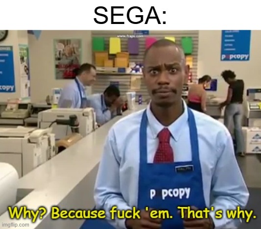 Why? Because Fuck Them | SEGA: | image tagged in why because fuck them | made w/ Imgflip meme maker