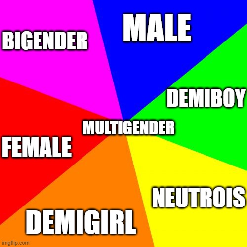 Is this right? | BIGENDER; MALE; DEMIBOY; MULTIGENDER; FEMALE; NEUTROIS; DEMIGIRL | image tagged in colored background 1,gender studies | made w/ Imgflip meme maker
