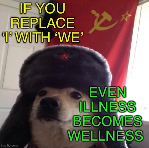 Internationalé intensifies |  IF YOU REPLACE ‘I’ WITH ‘WE’; EVEN ILLNESS BECOMES WELLNESS | image tagged in russian doge,i,we,communism,play on words,fun | made w/ Imgflip meme maker