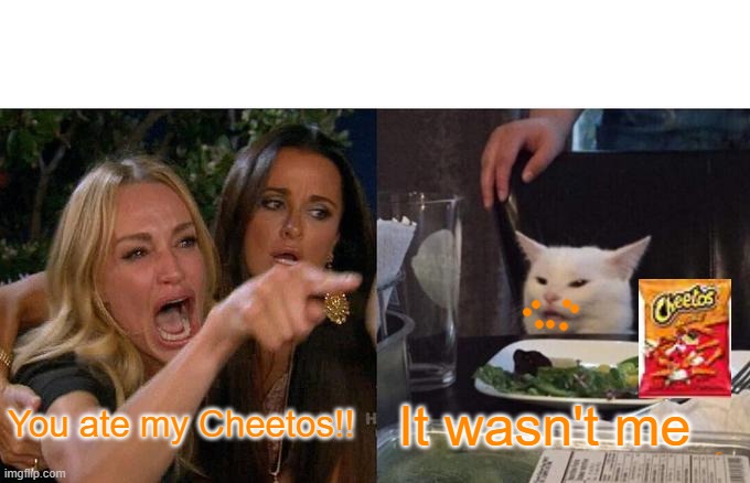 You Ate my Cheetos! | You ate my Cheetos!! It wasn't me | image tagged in memes,woman yelling at cat | made w/ Imgflip meme maker