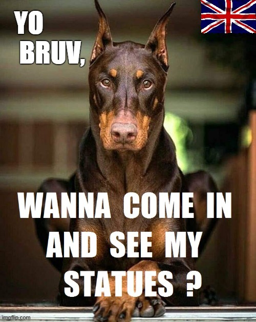 Wanna see my statues ? | image tagged in dad joke dog | made w/ Imgflip meme maker