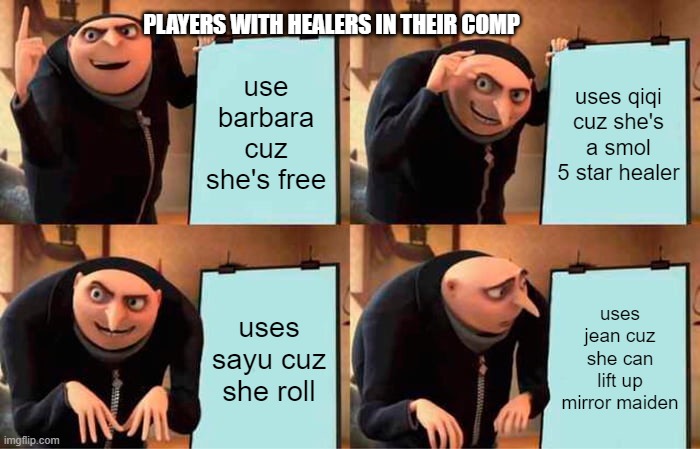 Genshin impact community | PLAYERS WITH HEALERS IN THEIR COMP; use barbara cuz she's free; uses qiqi cuz she's a smol 5 star healer; uses sayu cuz she roll; uses jean cuz she can lift up mirror maiden | image tagged in memes,gru's plan,genshin impact | made w/ Imgflip meme maker