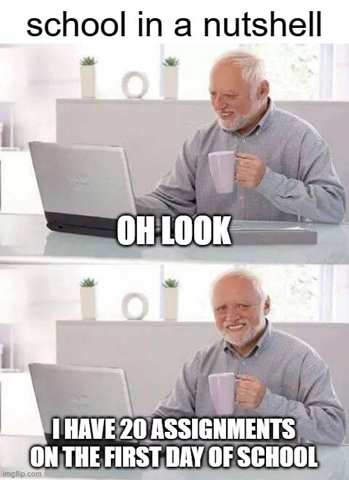 free epic swiss chard | school in a nutshell; OH LOOK; I HAVE 20 ASSIGNMENTS ON THE FIRST DAY OF SCHOOL | image tagged in memes,hide the pain harold | made w/ Imgflip meme maker