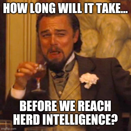 At this rate, never. | HOW LONG WILL IT TAKE... BEFORE WE REACH HERD INTELLIGENCE? | image tagged in memes | made w/ Imgflip meme maker