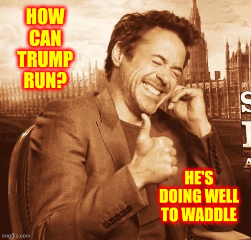Awwhahaha! | HOW CAN TRUMP RUN? HE'S DOING WELL TO WADDLE | image tagged in laughing,awwhahaha,funny because it's true,memes,donald trump is an douche,donald trump is an idiot | made w/ Imgflip meme maker