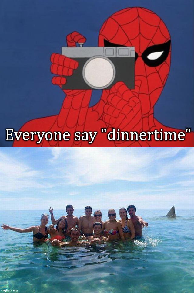 Shark meat | Everyone say "dinnertime" | image tagged in memes,spiderman camera,shark,it's what's for dinner | made w/ Imgflip meme maker
