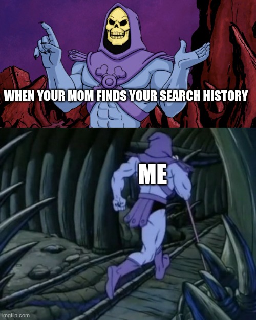 Skeletor until we meet again | WHEN YOUR MOM FINDS YOUR SEARCH HISTORY; ME | image tagged in skeletor until we meet again,mom,funny meme,run | made w/ Imgflip meme maker
