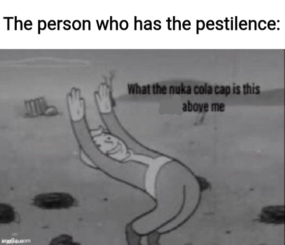 what the nuka cola cap is this above me | The person who has the pestilence: | image tagged in what the nuka cola cap is this above me | made w/ Imgflip meme maker