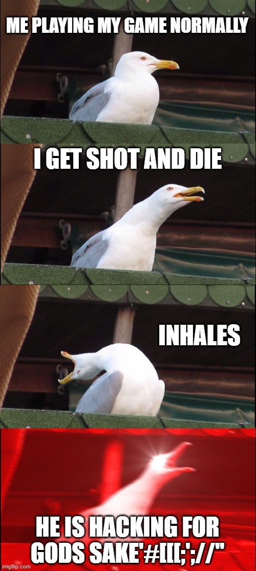 Inhaling Seagull | ME PLAYING MY GAME NORMALLY; I GET SHOT AND DIE; INHALES; HE IS HACKING FOR GODS SAKE'#[[[;';//'' | image tagged in memes,inhaling seagull | made w/ Imgflip meme maker